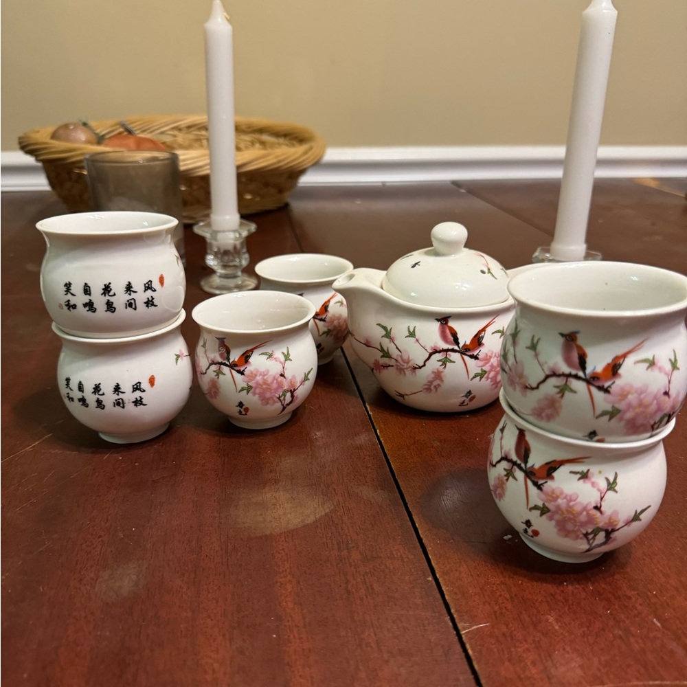 Bird & Floral Paint Porcelain Kung Fu Tea Set Cups & Teapot 7 Pieces